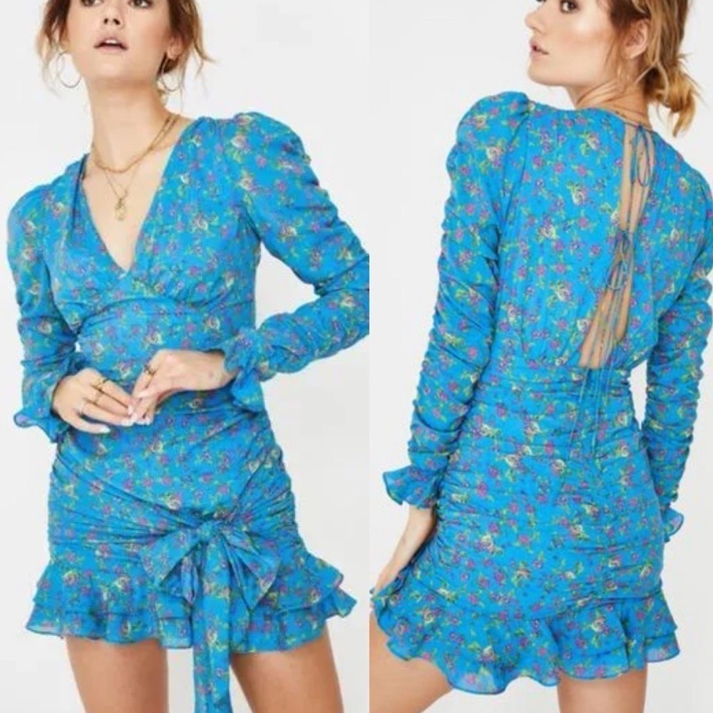 For Love & Lemons Bahama Mini Floral Dress Blue Long Sleeve Sz Large